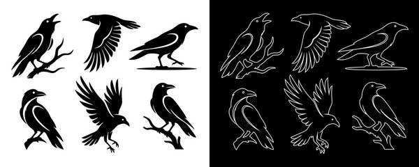Obraz premium Raven and Crow Logo Vector Set: Mystical Black Bird Silhouettes and Line Art Icons for Modern Branding, Tattoo, and Mascot Design