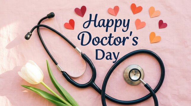 Delicate pink background banner for happy doctors day with stethoscope white tulip flower and small scattered hearts