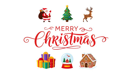 Fototapeta premium Christmas Greeting Card Elements: A vibrant and festive collection of Christmas symbols, including Santa Claus, a decorated Christmas tree, a reindeer, gift boxes, a snow globe.