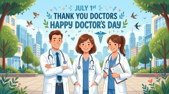 Playful cartoon banner for national doctors day with three medical characters standing in front of outdoor landscape