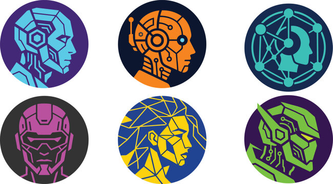 Artificial intelligence robot head vector icon set with futuristic cyborg and tech profiles