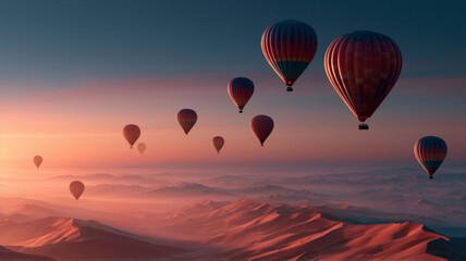 Fototapeta premium Hot air balloons silhouetted over desert dunes at sunrise, glowing with golden light. Cinematic landscape photo with gradient sky and negative space for travel banners and tourism campaigns.