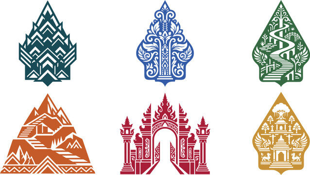 Set of Javanese Gunungan Shadow Puppet Icons Representing Indonesian Cultural Heritage and Nature