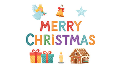 Naklejka premium Merry Christmas Greeting: A whimsical and colorful illustration wishing a Merry Christmas, featuring a festive angel, ringing bell, shimmering star, wrapped gift boxes, a lit candle.