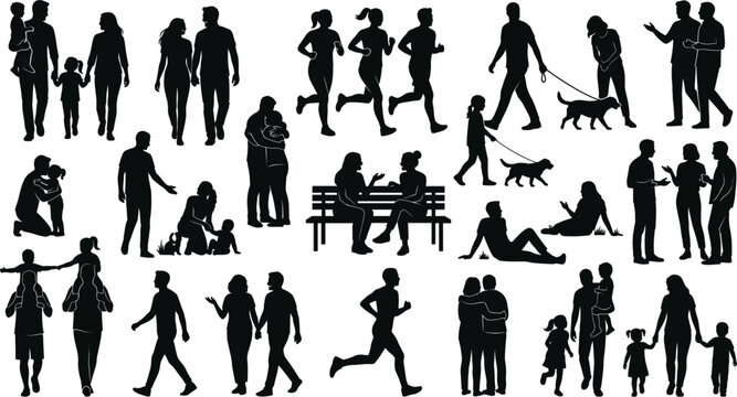 People in park silhouette set with walking running families, outdoor leisure vector black illustration collection
