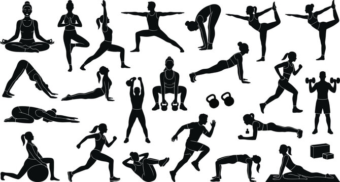 Fitness and yoga silhouette set with workout poses, gym training exercise vector cartoon illustration collection