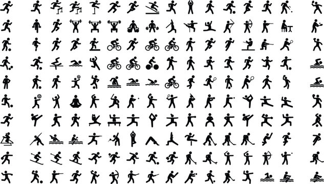 Sports and olympic games mega pictogram collection, athlete stick figure icons vector silhouette illustration