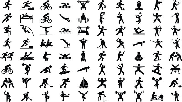 Sports and olympic games pictogram collection, athlete stick figure icons vector silhouette illustration set