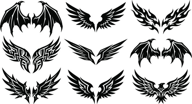 Tribal wing silhouette collection with angel and demon bat elements, gothic tattoo vector design illustration