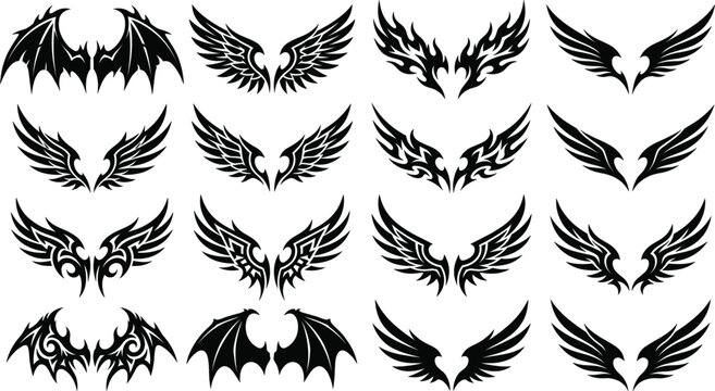 Tribal wing silhouette collection with angel and demon bat elements, gothic tattoo vector design illustration