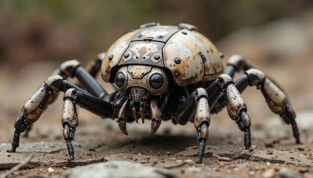 The robot has a structure reminiscent of a spider or beetle, with a large segmented shell and multiple articulated limbs