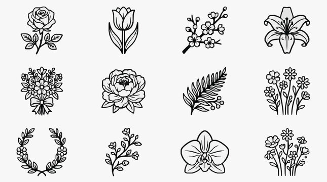 Modern Black and White Line Art Collection of Various Stunning Flowers and Botanical Illustrations