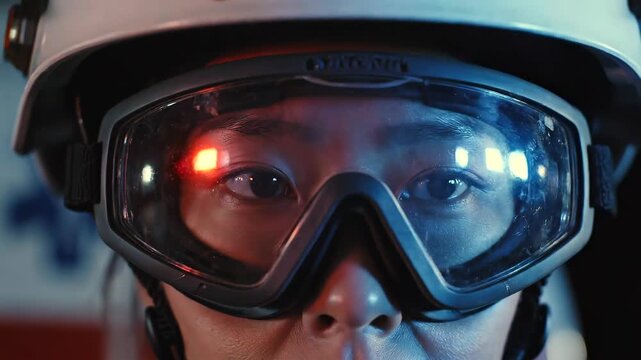 close-up, industrial worker wearing safety helmet, protective goggles, reflections of warning lights in glass, focus eye protection, workplace safety, risk prevention, hazardous environment awareness