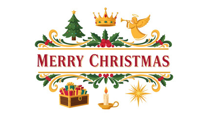 Naklejka premium Christmas Greeting Banner: A festive banner adorned with traditional Christmas symbols including a Christmas tree, crown, angel, gifts, candle, and star, wishing everyone a Merry Christmas.