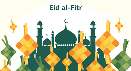 Eid al-Fitr celebration with mosque and ketupat © Haro