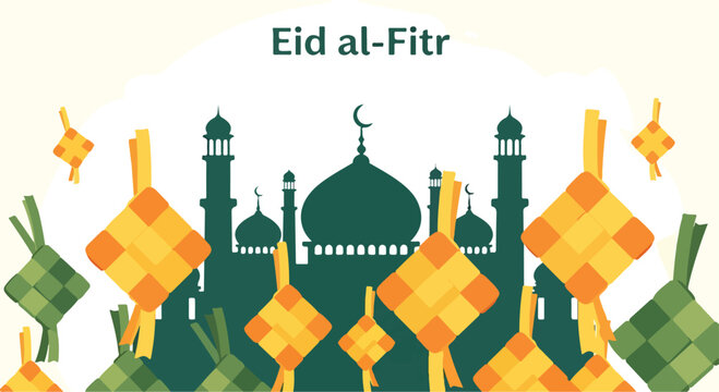 Eid al-Fitr celebration with mosque and ketupat