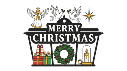 Naklejka premium Merry Christmas Celebration Vignette: A charming illustration depicting classic Christmas symbols – an angel, doves, a star, gifts, a wreath.