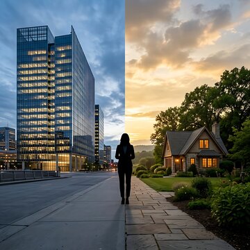 Business woman standing at intersection of modern office building and cozy residential home