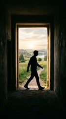 Fototapeta premium Man silhouette walking through dark stone doorway towards bright green summer landscape