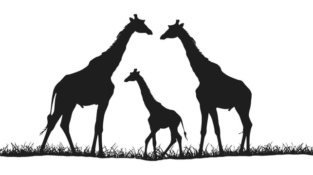 Giraffe family silhouette on white background, African safari animal group vector, wild giraffe mother father and calf in savanna grass