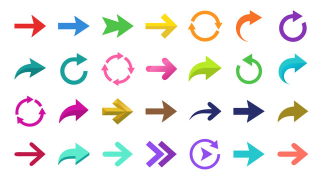 Arrows Icon Set with Colorful Curved and Straight Directions, Vector Design for Navigation, Logistics, and Ui Graphics