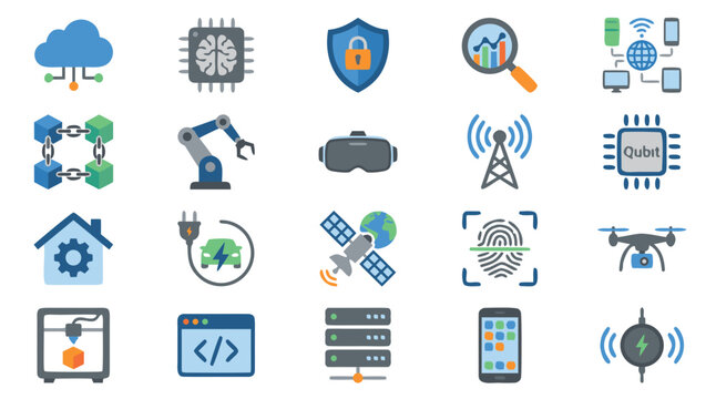 Technology Icons Set with Cloud, Shield, Server, Magnifier, Radar, Drone, Smartphone, and Circuit Graphics in Vector Style