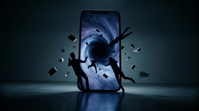 People falling into black hole vortex on giant smartphone screen digital addiction concept