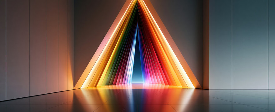 Abstract interior colorful triangle tunnel neon light modern hallway reflective floor geometric art glowing frame symmetric design futuristic room