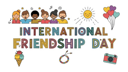 Fototapeta premium International Friendship Day Celebration: A vibrant and colorful illustration for International Friendship Day, featuring diverse people arm in arm, a smiling sun, balloons, an ice cream cone.