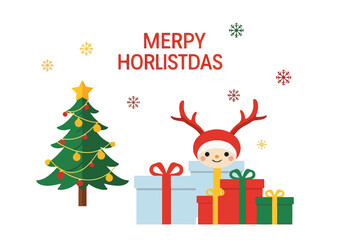 A Christmas scene with a tree, gifts, and a smiling reindeer © Jinbe