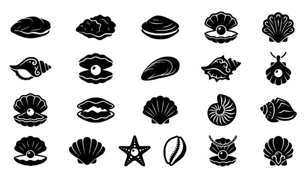 Black pearl oyster shell icon set with seashell and pearl symbols marine jewelry collection in simple vector silhouette design