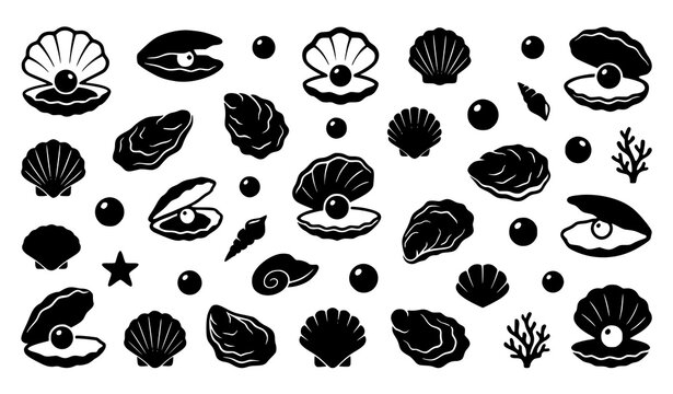 Pearl oyster shell icons isolated set with open seashell pearl and marine luxury symbols in black silhouette vector design