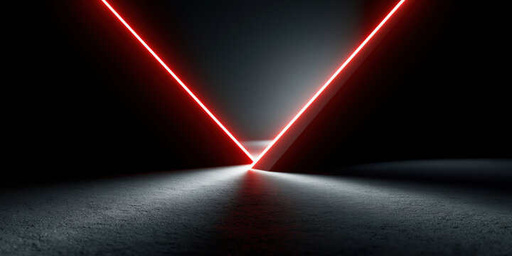 Abstract neon light dark room red line geometric shape minimal scene black background glowing beam futuristic space reflective floor dramatic contrast