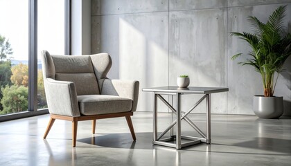 Fototapeta premium Modern Luxury Living Room Interior with Wooden Chair Elegant Furniture Design Natural Light and Contemporary Home Decor Style