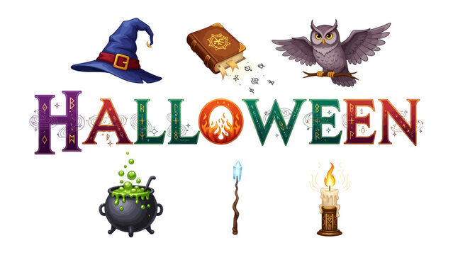 Spooky Halloween Elements: A vibrant collection of classic Halloween imagery, including a witch's hat, spellbook, owl, cauldron, wand, and candle.