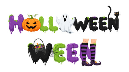 Fototapeta premium Halloween Spooky Fun: The word Halloween is creatively spelled out with festive symbols like a jack-o'-lantern, a ghost, a black cat, a candy bucket, a monster eye, and striped stockings.