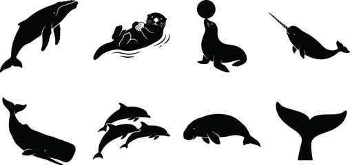 Collection of marine mammal and ocean animal silhouettes isolated on a white background for marine design. © Designer Arif