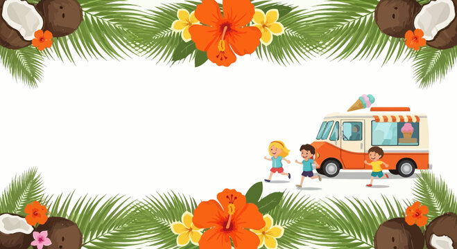 Summer tropical border with children running to an ice cream truck