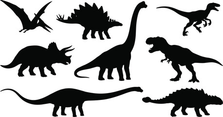 Collection of prehistoric dinosaur silhouettes including T-Rex, Stegosaurus, Triceratops, and Pterodactyl isolated on white background © Designer Arif