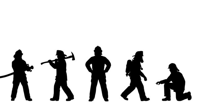 Firefighters Silhouettes in Various Poses Representing Emergency Response and Teamwork Featuring Firefighter, Rescue, Silhouette