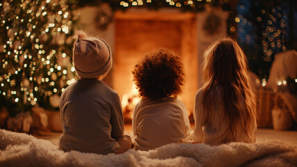 Fototapeta premium A rear view of three children in santa hats, gathered in front of a flickering fireplace and a festive christmas tree. the children are seated on a white, fluffy blanket. Ai generated