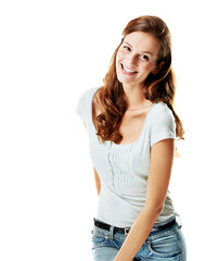 Obraz premium Portrait, woman and smile in studio with confidence, positive attitude and optimistic for wellness. Happy, female person and good mood with satisfaction, stress free and space on white background.