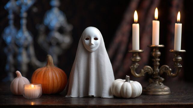A spooky halloween arrangement with a white shrouded figure wearing a smiling mask as the focal point. on a dark wood table, an orange pumpkin lantern. Ai generated