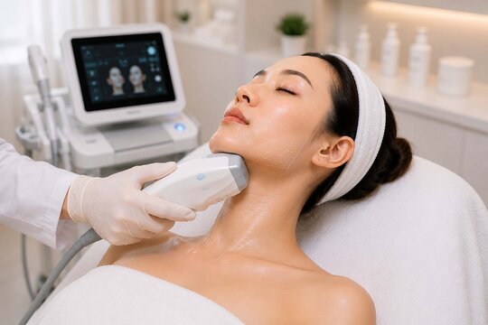 Close-up of ultrasound treatment targeting the under chin area for facial contouring and skin tightening in a professional aesthetic clinic.