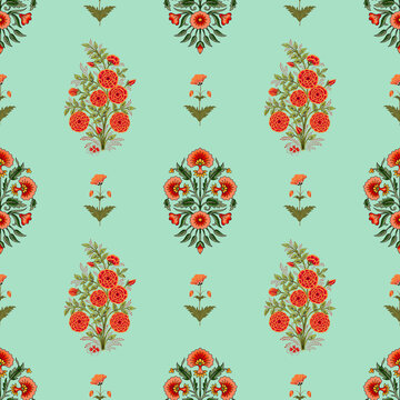 Mughal floral and buti all over pattern with rama background