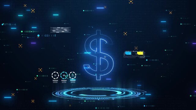 Abstract Futuristic Financial Technology FinTech Background With Glowing Dollar Currency Symbol.