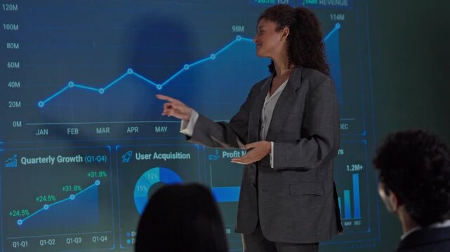 Professional business presentation showcasing revenue and growth trends through detailed charts and graphs in a corporate environment
