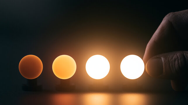 Hand Choosing Glowing Warm Light Sphere Among Increasing Brightness Level Row
