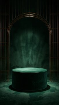 Empty green velvet podium with arched background for luxury product display.