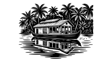 Obraz premium Black and white houseboat on calm tropical water with palm trees